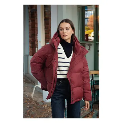 Trendyol Claret Red Oversize Hooded Goose Feather Water Repellent Puffer Jacket