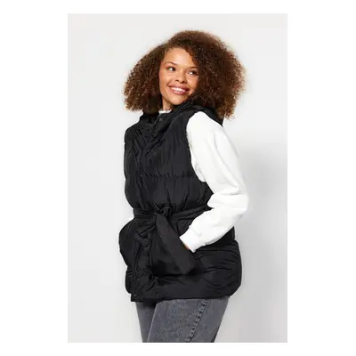 Trendyol Curve Black Regular Fit Belted Hooded Puffer Vest