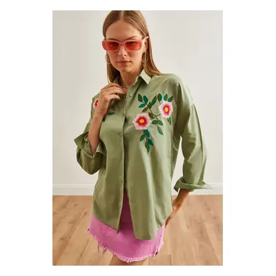 Olalook Women's Azalea Mold Green Embroidery Detailed Oversize Woven Shirt