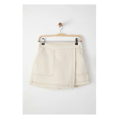 Trendyol Ecru Double Breasted Normal Waist Mini Denim Shorts Skirt