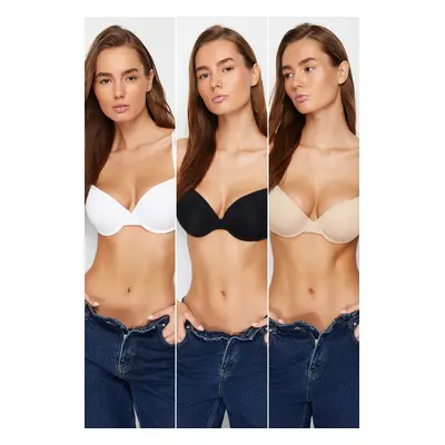 Trendyol Black-White-Skin 3-Pack Polyamide Strap Fixed Covered Knitted Bra