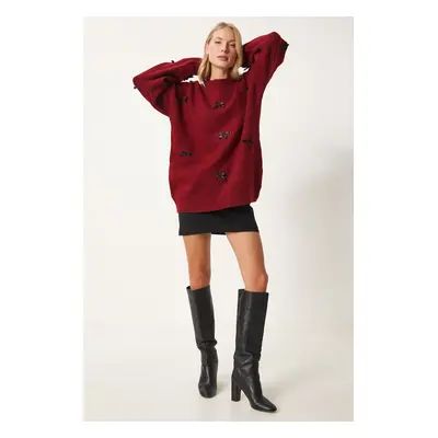 Happiness İstanbul Women's Burgundy Bow Knit Sweater