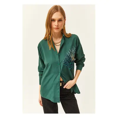 Olalook Women's Emerald Green Palm Sequin Detailed Oversize Woven Poplin Shirt