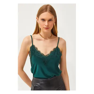 Olalook Women's Emerald Green Strap Adjustable Ruched Flowy Knitted Tank Top Blouse