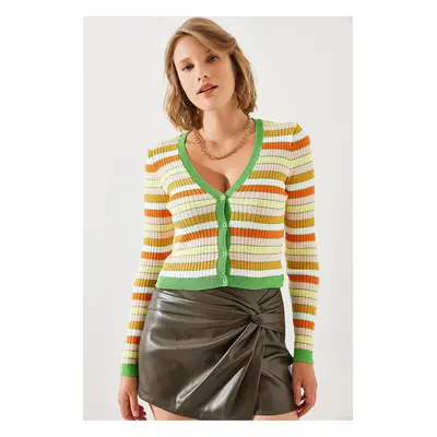 Bianco Lucci Women's Glitter Detailed Striped Basic Cardigan