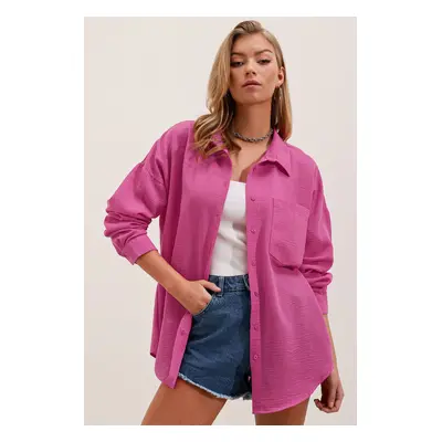 Bigdart Single Pocket Oversize Linen Shirt - A.Fuchsia