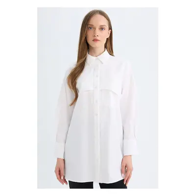 DEFACTO Relax Fit Shirt Collar Poplin Basic Plain Long Sleeve White Shirt Tunic