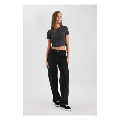 DEFACTO Gabardine Trousers Straight Fit Standard Length High Waist Cargo Pocket