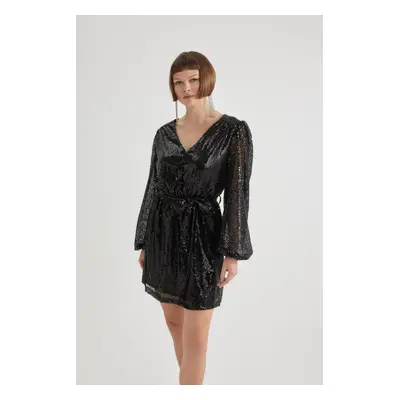 DEFACTO Heart Collar Sequined Fabric Long Sleeve Mini Dress