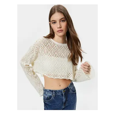 Koton Crochet Crop Top Long Wide Sleeves Crew Neck Openwork