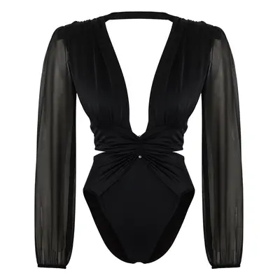 Trendyol Black Deep V Neck Accessorized Swimsuit