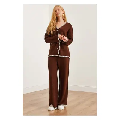 Olalook Women's Bitter Coffee Piping Detailed Top Cardigan Bottom Trousers Knitwear Set