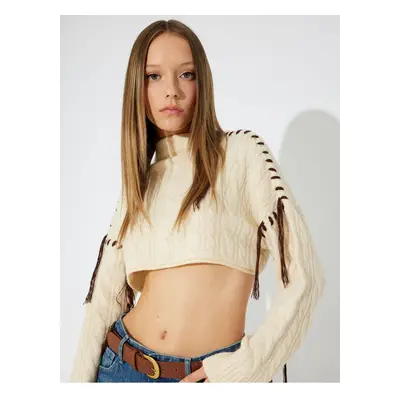 Koton X Zeynep Bastık - Tassel Detail Hair Knitting Stand Collar Oversize Crop Sweater