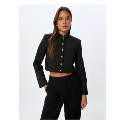 Koton Crop Jacket Stand Collar Pocket Buttoned Long Sleeve