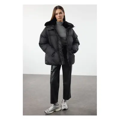 Trendyol Black Regular Fit Fur Collar Belted Puffer Coat