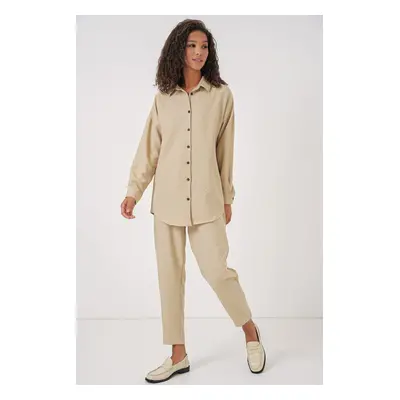 Bigdart Women's Beige Oversize Linen Bottom Top Set