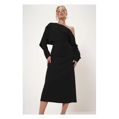 Trend Alaçatı Stili Women's Black Off-The-Shoulder Draped Maxi Length Knitted Dress