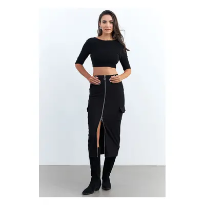 Cool & Sexy Women's Black Zippered Pocket Midi Skirt