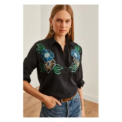 Olalook Women's Floral Black Palm Sequin Detailed Woven Shirt