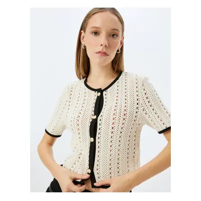 Koton Openwork Buttoned Piping Short Sleeve Crew Neck Cardigan