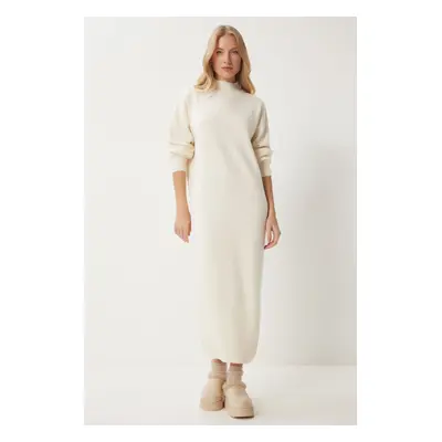 Happiness İstanbul Women's Bone Turtleneck Long Knit Dress