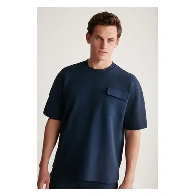 GRIMELANGE Artur Men's Pockets Navy Blue T-shirt with Thick Special Textured Fabric