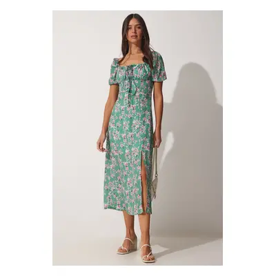 Happiness İstanbul Women's Green Gathered Collar Floral Satin Surface Summer Dress