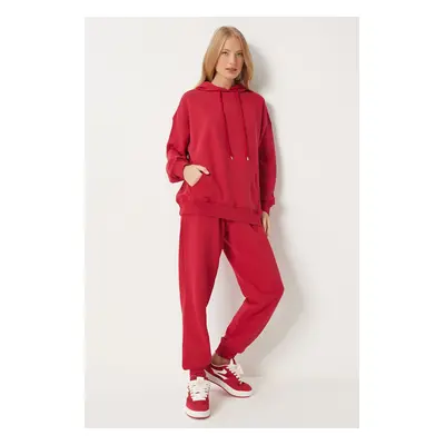 Happiness İstanbul Women's Red Hooded Sweatshirt Jogger Oversize Knitted Tracksuit