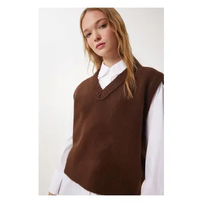 Happiness İstanbul Women's Brown V Neck Knitted Sweater