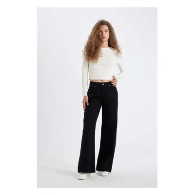 DEFACTO Gabardine Black Pants Wide Leg Wide Leg Regular Waist Plain Basic