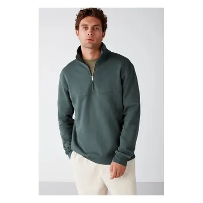 GRIMELANGE Frame Men's Half Zipper High Neck Soft Fabric Fleece Green Sweatshirt