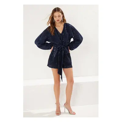 Trendyol Navy Blue Glitter Sequin Knitted Short Jumpsuit