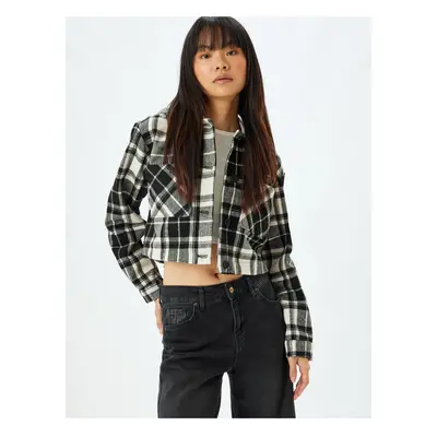 Koton Plaid Crop Cashmere Shirt Jacket Hooded