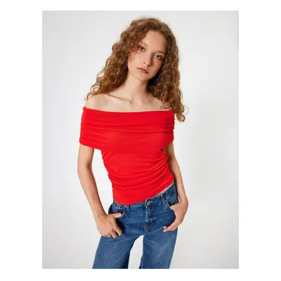 Koton Madonna Collar Off-The-Shoulder T-Shirt Draped Short Sleeve Slim Fit