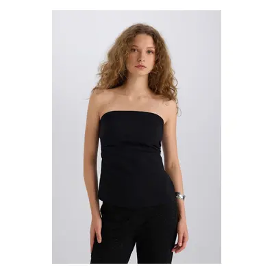 DEFACTO Fitted Bengalin Basic Plain Strapless Black Blouse