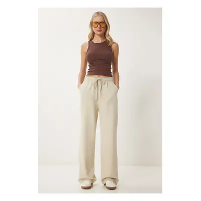 Happiness İstanbul Women's Cream Faded Effect Wide Leg Denim Palazzo Trousers