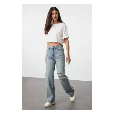 Trendyol Blue Ripped High Waist Wide Leg Jeans