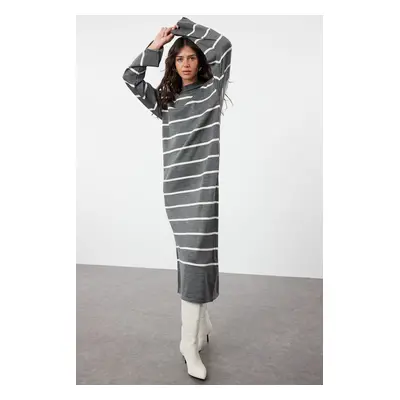 Trendyol Anthracite Striped Slit Detailed Knitwear Dress