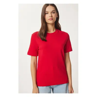 Happiness İstanbul Women's Red Cotton Basic Knitted T-Shirt