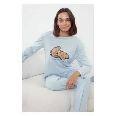 Trendyol Blue %00 Cotton Teddy Bear and Slogan Printed Knitted Pajama Set