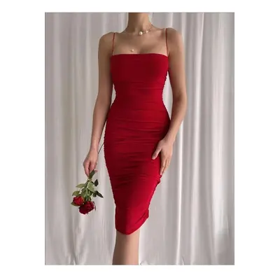 64500 Dewberry Thin Strap Draped Midi Evening Dress-RED