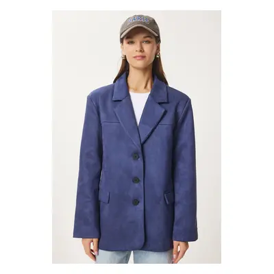 Happiness İstanbul Women's Navy Blue Premium Suede Blazer Jacket