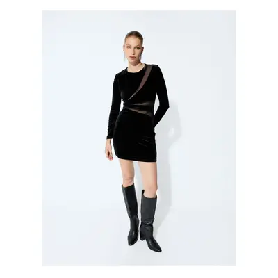 Koton Velvet Tulle Detailed Long Sleeve Mini Dress