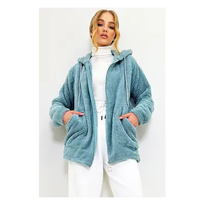 Trend Alaçatı Stili Women's Mint Hooded Zippered Front Double Pocket Oversized Plush Sweatshirt