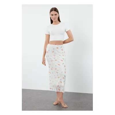 Trendyol Ecru Waist Detailed Printed Flexible Tulle Maxi Knitted Skirt