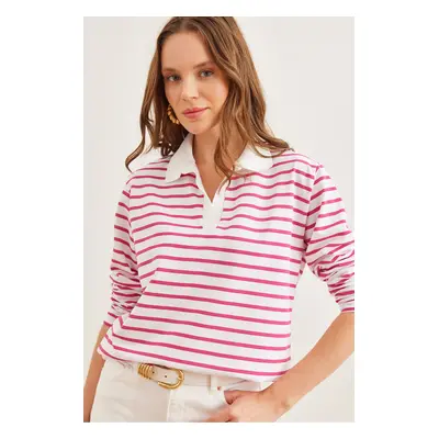 Olalook Women's Fuchsia Polo Collar Striped Sweatshirt