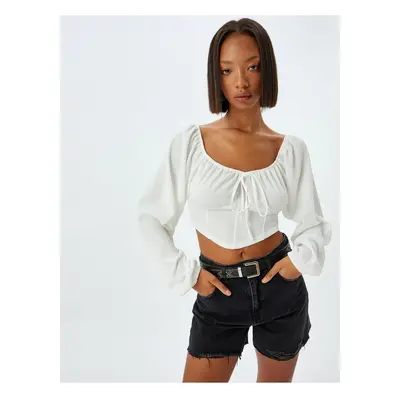 Koton Crop T-Shirt Balloon Sleeve Lace-up Corset Detailed Sweetheart Neckline