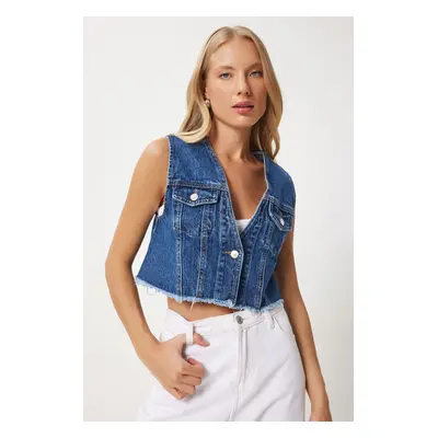 Happiness İstanbul Women's Dark Blue Pocket Crop Denim Vest