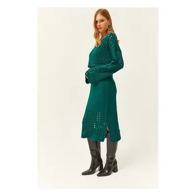 Olalook Women's Emerald Green Top Openwork Sweater Bottom Openwork Dress Knitwear Suit