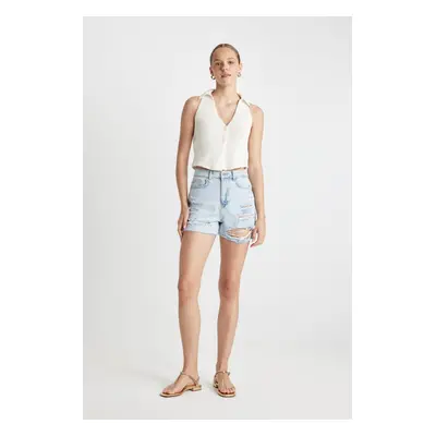 DEFACTO Mom Fit High Waist Cutaway Jean Shorts